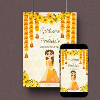 Marigolds cute Indian girl Haldi custom welcome