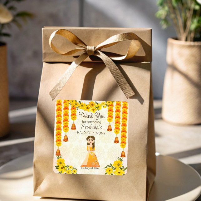 Marigolds cute Indian girl Haldi personalised Square Sticker (Marigolds cute Indian girl Haldi personalized Square Sticker)