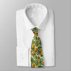 Marigolds & Maranta Leaves Seamless Autumn Floral  Tie
