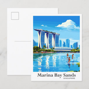 Marina Bay Sands Art Vintage Travel Illustration Postcard