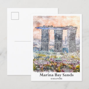 Marina Bay Sands Singapore Travel Watercolor Postcard