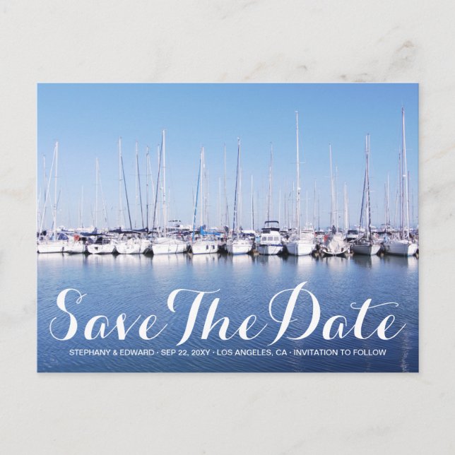 Marina Boats Blue Nautical Save The Date Postcard (Front)