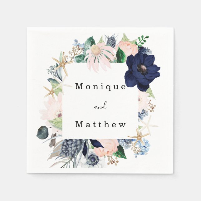 Marina Nautical Bloom Navy Blush Wedding Napkin (Front)