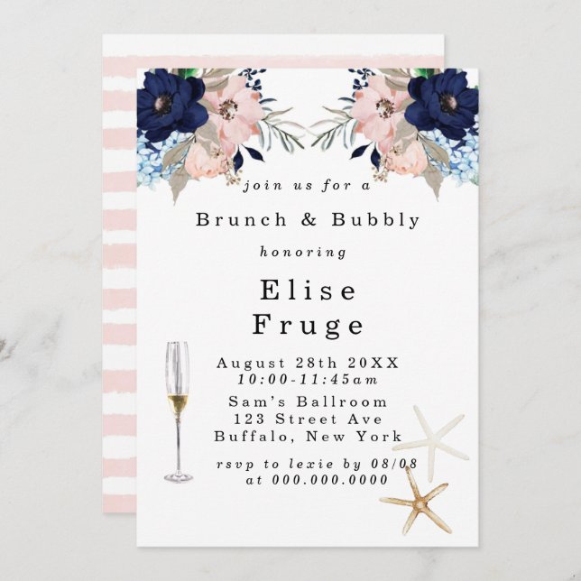 Marina Nautical Blooms Brunch & Bubbly Invitation (Front/Back)