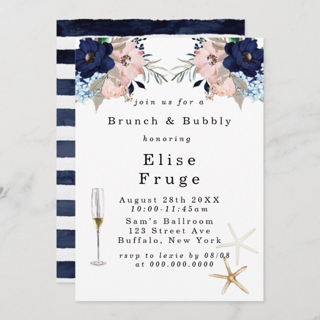 Marina Nautical Blooms Brunch & Bubbly Invitation (Front/Back)