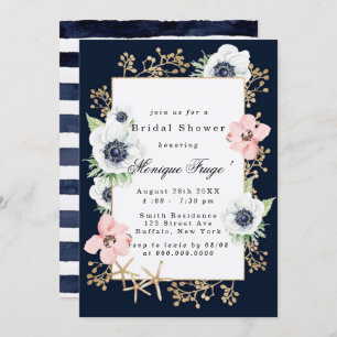 Marina Nautical Blooms Navy Blush Bridal Shower Invitation