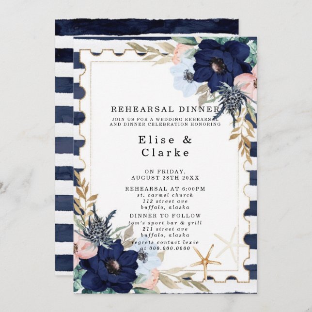Marina Nautical Blooms Navy Blush Rehearsal Dinner Invitation (Front/Back)