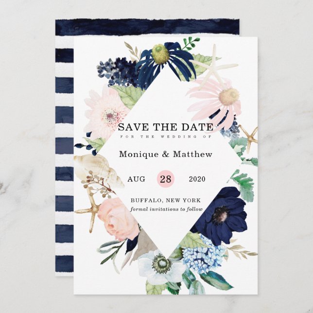 Marina Nautical Blooms Navy Blush Save The Date Invitation (Front/Back)