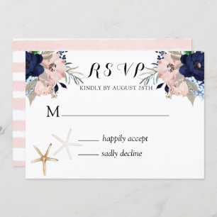 Marina Nautical Blooms Navy Blush Wedding RSVP In Invitation