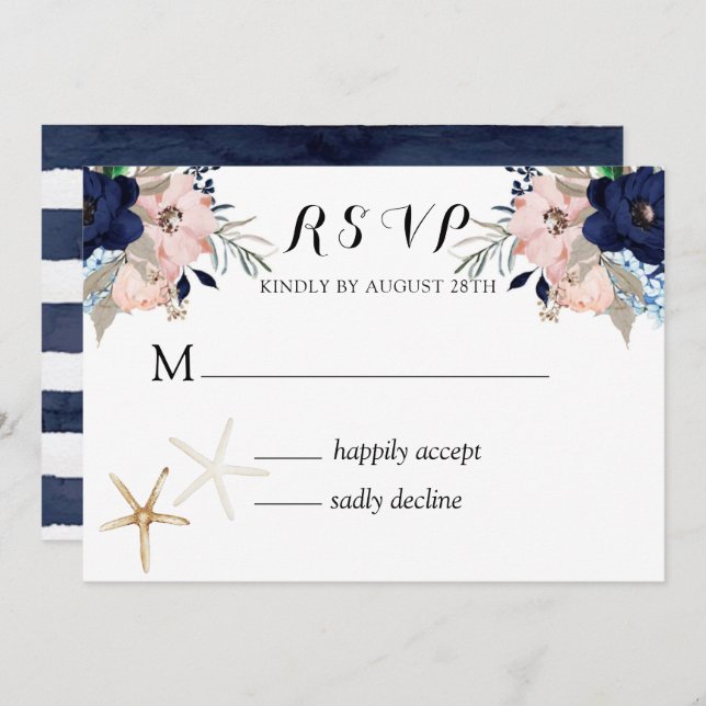 Marina Nautical Blooms Navy Blush Wedding RSVP Invitation (Front/Back)