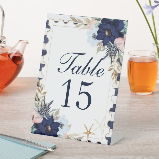 Marina Nautical Blooms Wedding Table Numbers Pedestal Sign (In SItu)