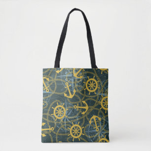 Marine anchor ship rudder and rope with wind rose tote bag