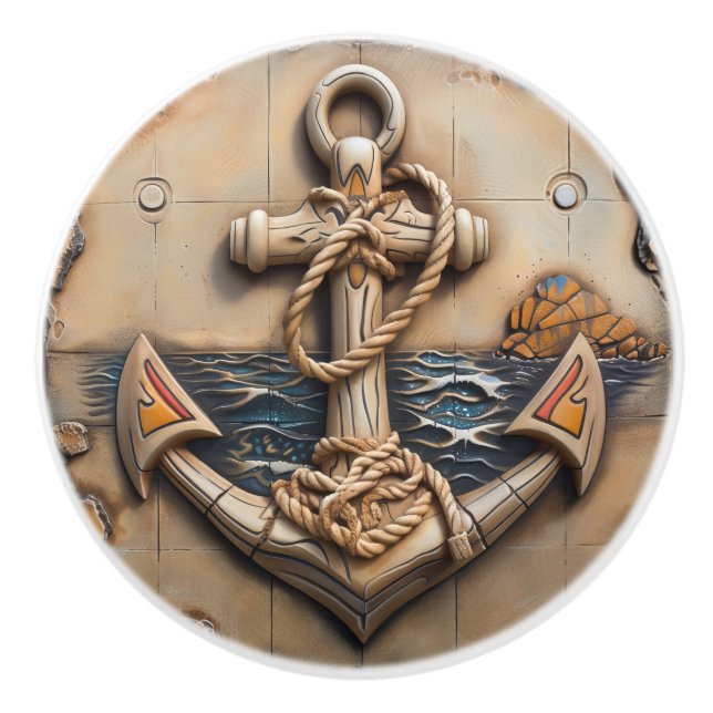 Marine Anchor, Stone Effect, Coastal Themed Ceramic Knob (Front)