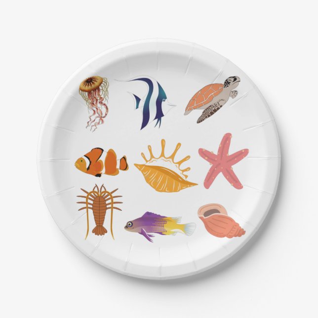 Marine animals: fish, turtle, seashell, jellyfish, paper plate (Front)