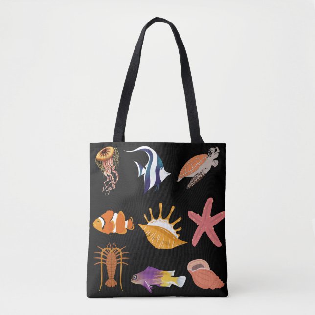 Marine animals: fish, turtle, seashell, jellyfish, tote bag (Front)