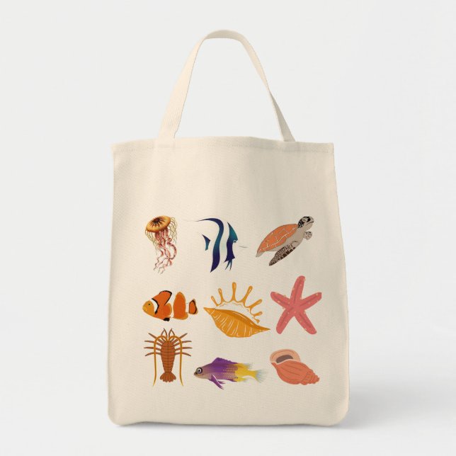 Marine animals: fish, turtle, seashell, jellyfish, tote bag (Front)