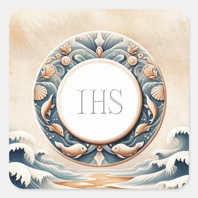 Marine Art Style Eucharistic Communion Host Square Sticker (Front)