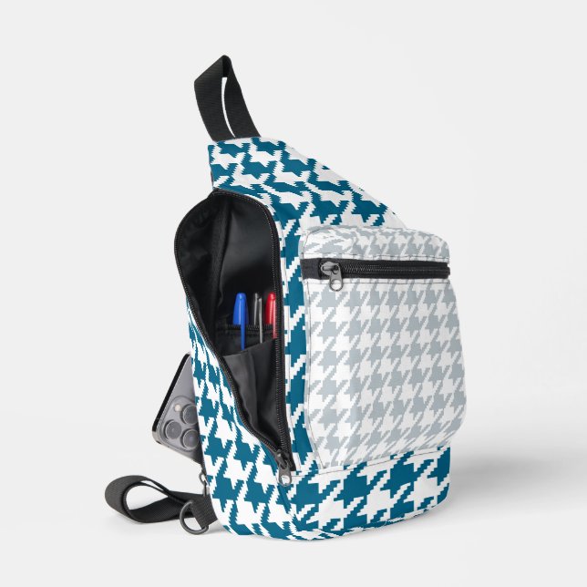 MARINE BLUE AND PALE GRAY HERRINGBONE PATTERN SLING BAG (Open)