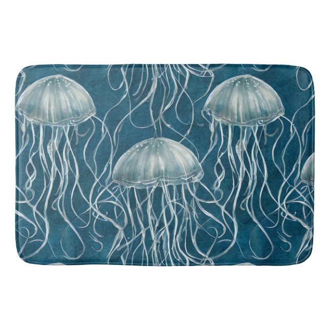 Marine Blue and White Jelly Fish Pattern Bath Mat (Front)