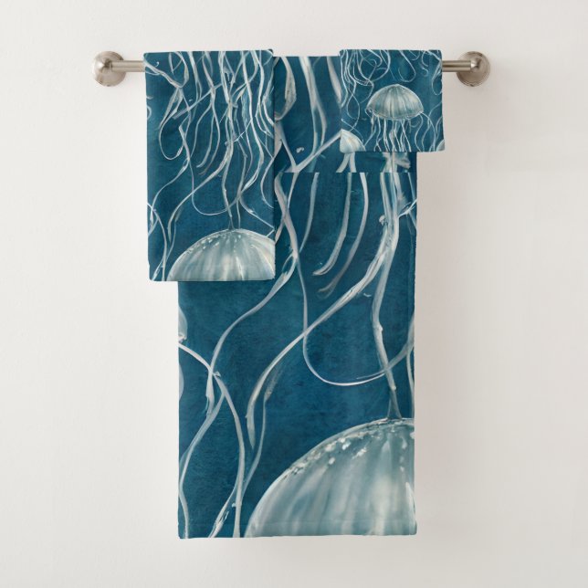 Marine Blue and White Jelly Fish Pattern Bath Towel Set (Insitu)