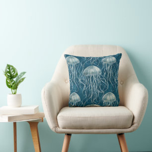 Marine Blue and White Jelly Fish Pattern Cushion