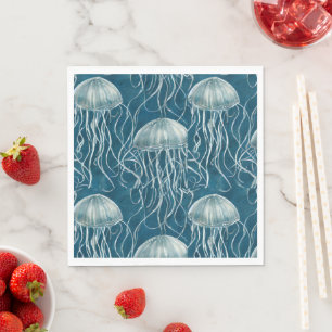 Marine Blue and White Jelly Fish Pattern Napkin