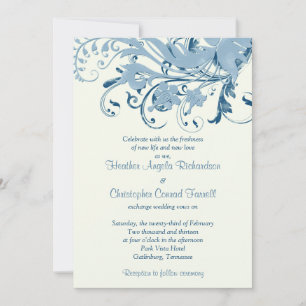 Marine Blue Ivory Floral Wedding Invitation