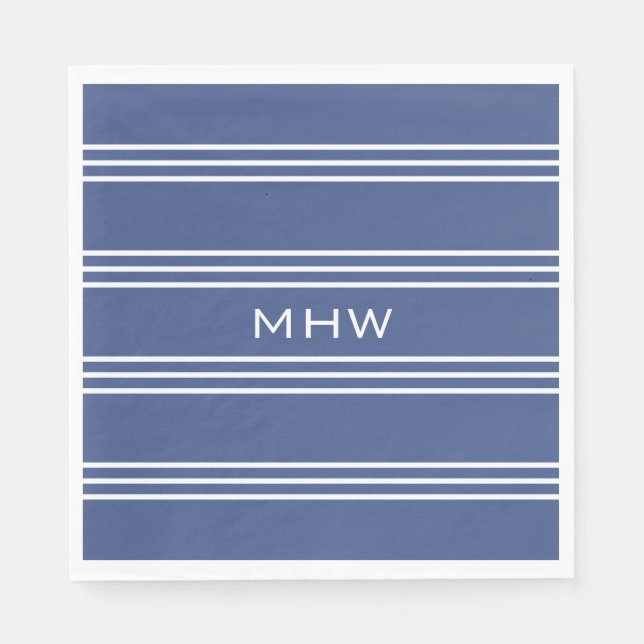 Marine Blue Stripes custom monogram paper napkins (Front)