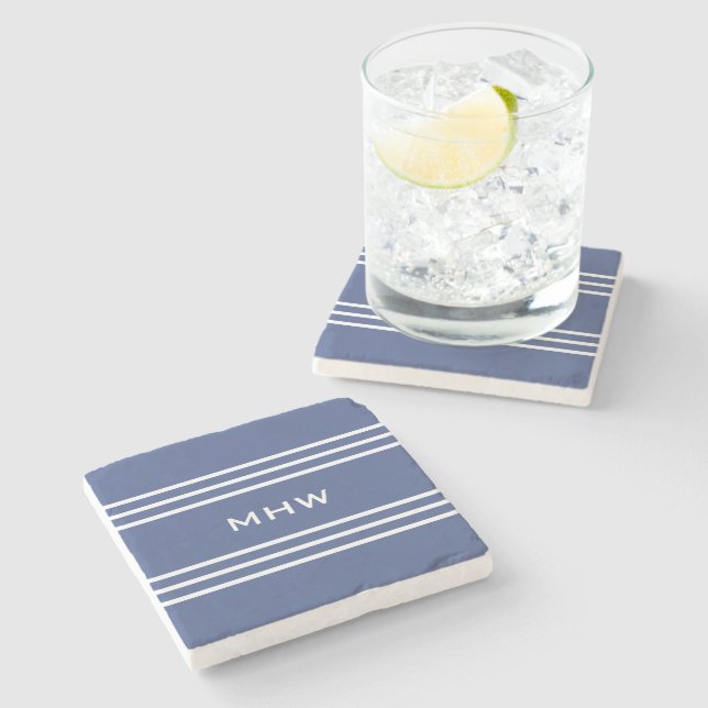 Marine Blue Stripes custom monogram stone coaster (Side)
