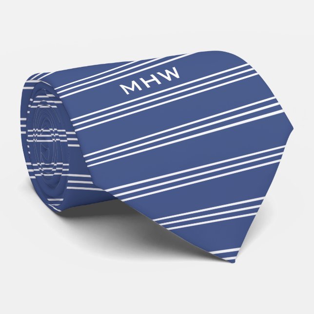 Marine Blue Stripes custom monogram tie (Rolled)