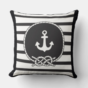 Marine Blue White Stripe Anchor and Figure 8 Knot Cushion