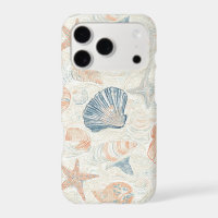 Marine Botanical Seashell Blue Coral Peach Pattern