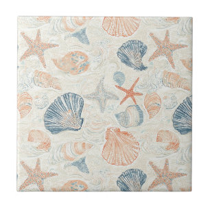 Marine Botanical Seashell Blue Coral Peach Pattern Ceramic Tile