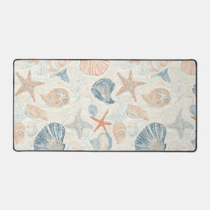 Marine Botanical Seashell Blue Coral Peach Pattern Desk Mat