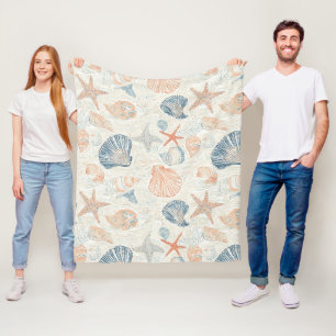 Marine Botanical Seashell Blue Coral Peach Pattern Fleece Blanket