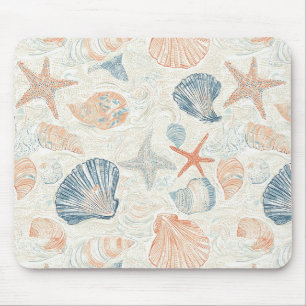 Marine Botanical Seashell Blue Coral Peach Pattern Mouse Pad