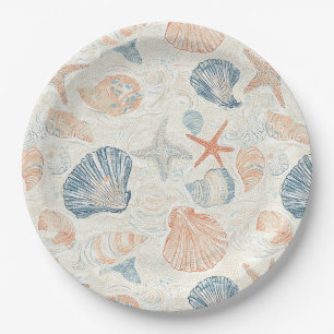 Marine Botanical Seashell Blue Coral Peach Pattern Paper Plate