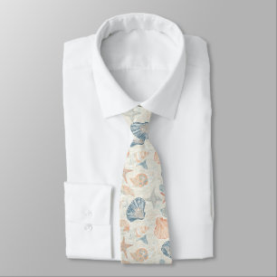 Marine Botanical Seashell Blue Coral Peach Pattern Tie