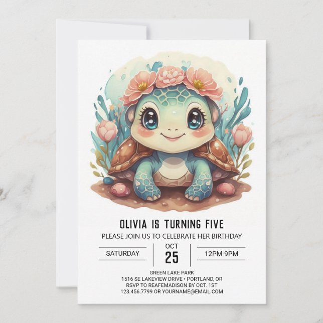 Marine Custom Turtle Girl Birthday Invitation (Front)