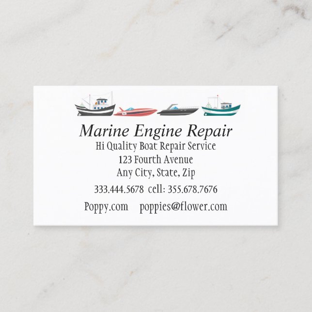 Marine Engine Boat Motor Repair Service Business Card (Front)