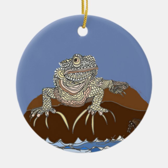 Marine Iguana on Rock with Hermit Crab Ceramic Tree Decoration (Front)