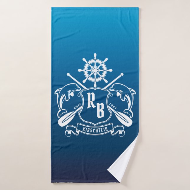 Marine Insignia Dolphins Helm Oars Shield Nautical Bath Towel (Bath Towel)