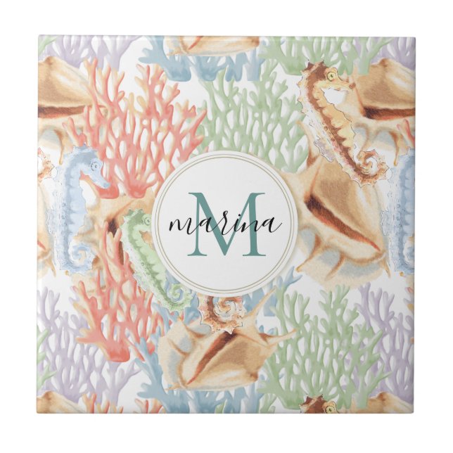 Marine Life, Colourful Underwater Monogram Ceramic Tile (Front)