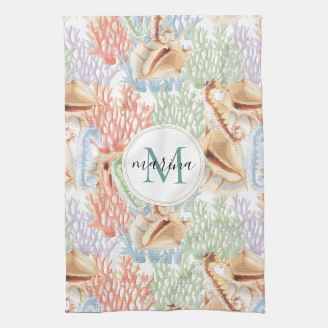 Marine Life, Colourful Underwater Monogram Tea Towel (Vertical)