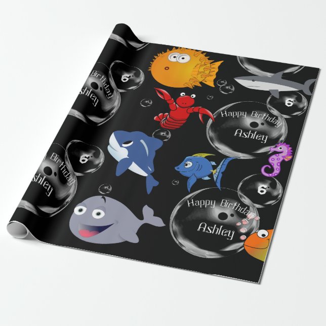 Marine Life Personalised Name & Age Birthday Wrapping Paper (Unrolled)
