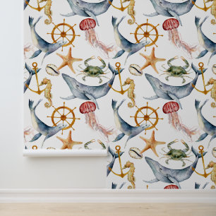 Marine Life, Whales, Starfish, Seahorses Pattern Wallpaper