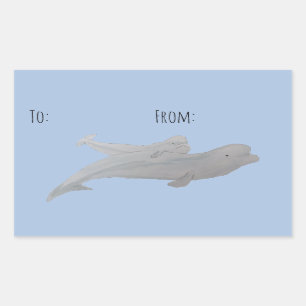 Marine Mammal Watercolor Mother Baby Beluga Whale Rectangular Sticker