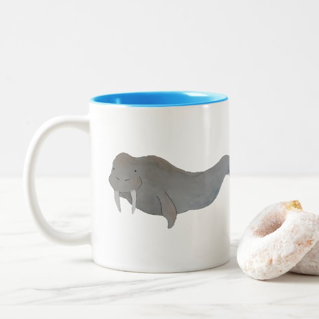 Marine Mammal Watercolor Walrus Two-Tone Coffee Mug (With Donut)