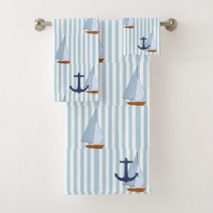 Marine Nautical Sailing Ship White and Blue Stripe Bath Towel Set