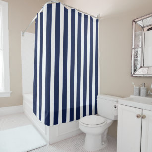 Marine Navy and White Vertical Striped Stylish Shower Curtain
